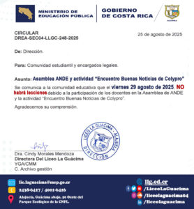 DREA-SEC04-LLGC-248-2025 – No habrá lecciones el viernes 29 de agosto de 2025 por Asamblea ANDE y actividad de Colypro