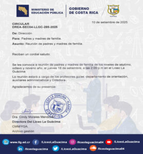 DREA-SEC04-LLGO-285-2025 – Convocatoria reunión de padres y madres de familia el jueves 18 setiembre 2025 a las 2:00 p.m.