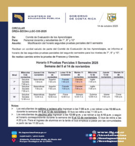 DREA-SEC04-LLGC-335-2025 – Horario II Pruebas Parciales II Semestre (7°, 8° y 10°)