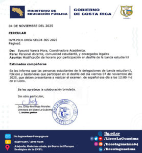 DREA-SEC04-LLGC-365-2025 – Modificación de horario por participación en desfile de la banda estudiantil – viernes 07/11/2025